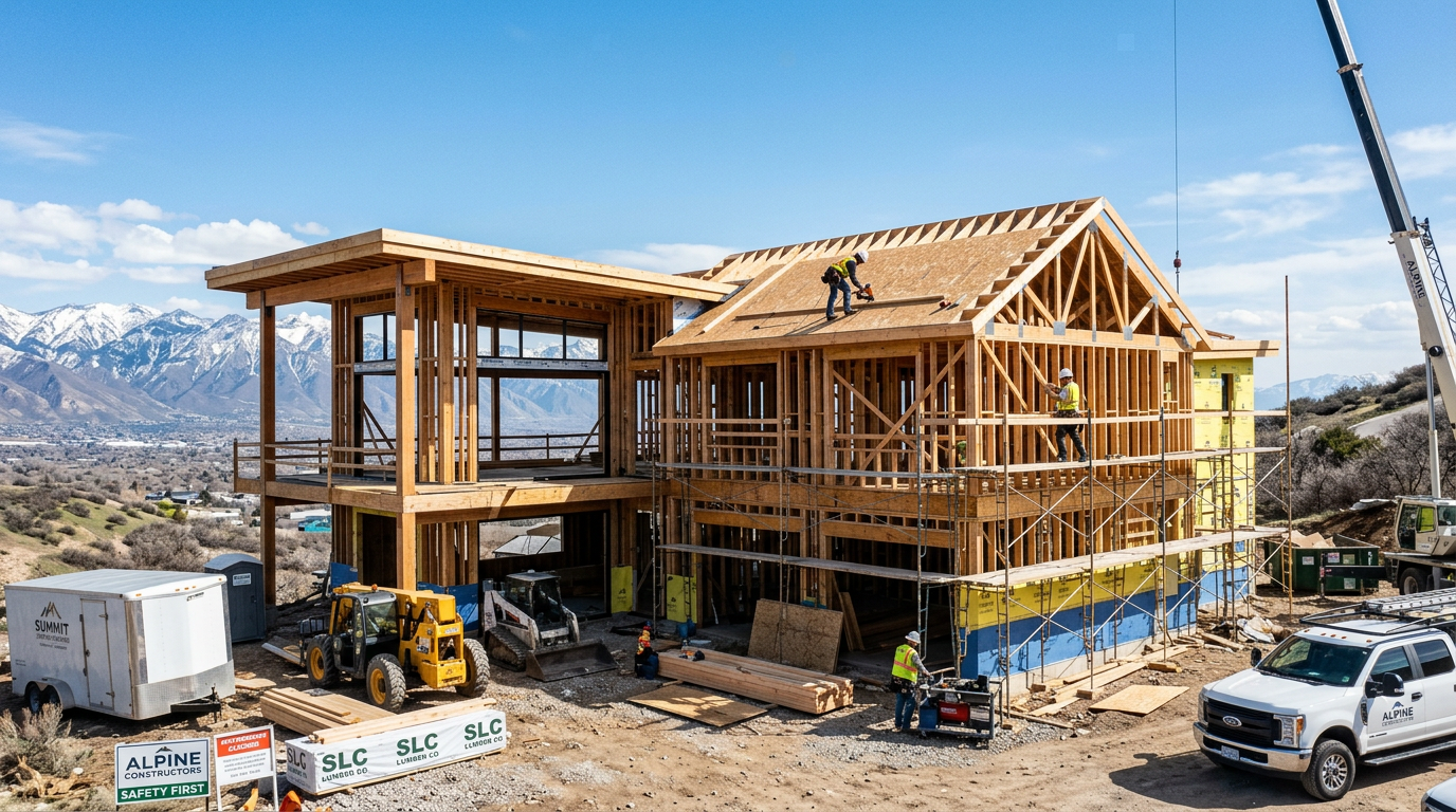 Modern custom home under construction with exposed framing