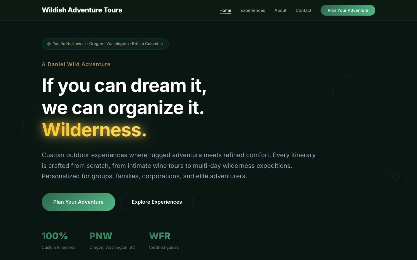 Wildish Adventure Tours homepage (desktop and mobile)